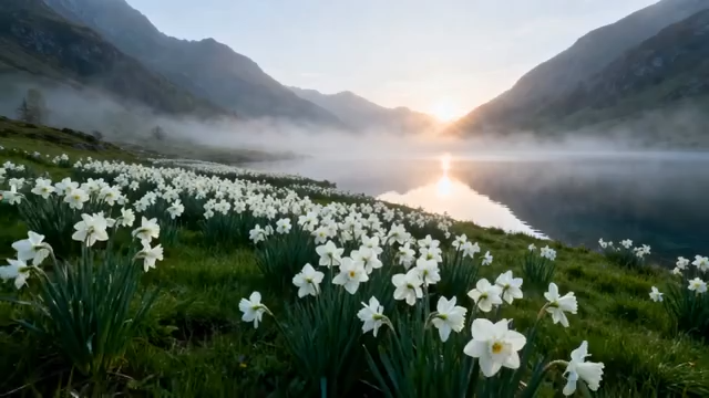 湖畔盛开的白色水仙花风景168#横屏 