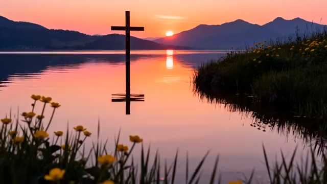 湖畔日落十字架风景1223#横屏 