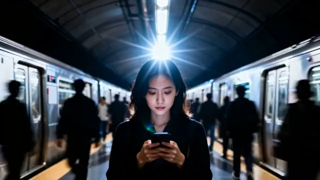  地铁站内女子专注看手机296#横屏 	 