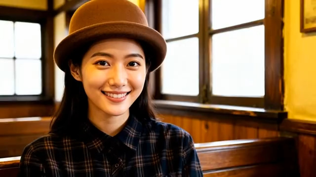  戴帽女子微笑素材355#横屏 	 