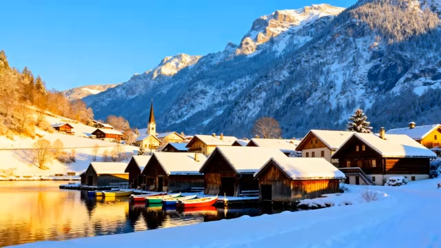  冬日雪山下湖畔木屋雪景2182#横屏 	 - 