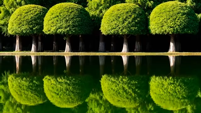 湖边修剪整齐的绿植景观4933#横屏 