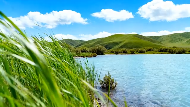 湖边草地山丘自然风光2648#横屏 