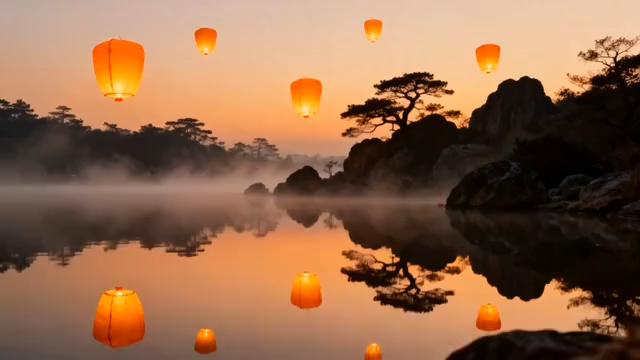 湖面孔明灯升空自然风光1891#横屏 