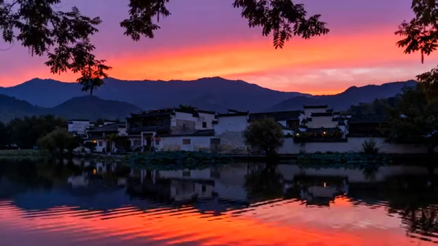 宏村湖畔美丽晚霞风光2965#横屏 
