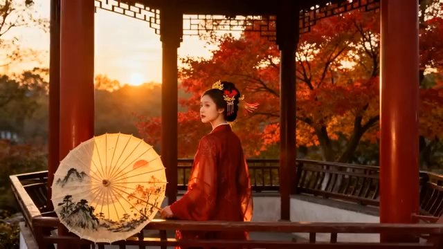 红衣古装女子持伞于亭中1546#横屏 