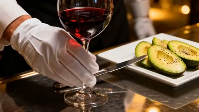  戴手套切牛油果配红酒画面2675#横屏 	 