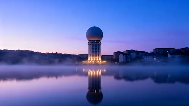 湖边球形建筑晨景4372#横屏 