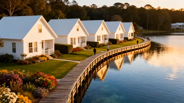 湖畔白色住宅与木质栈道景观4112#横屏 