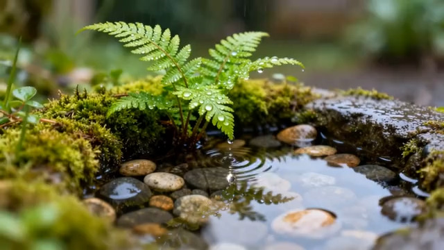  带水珠蕨类植物与流水景观2466#横屏 	 