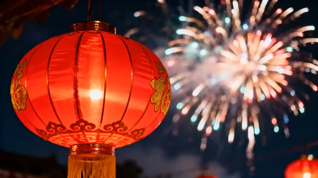 红灯笼配烟花夜景素材762#横屏 