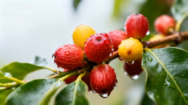  带水珠的咖啡果实特写3034#横屏 	 