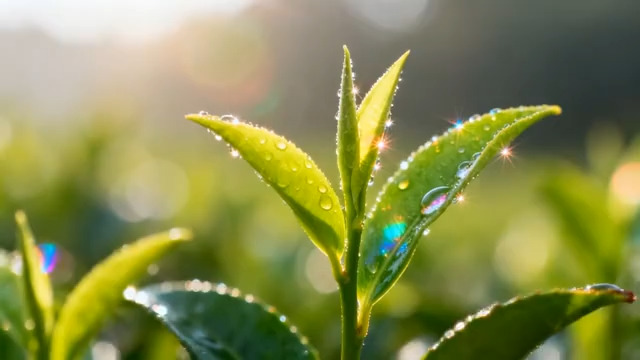  带露珠的鲜嫩茶叶特写231#横屏 	 