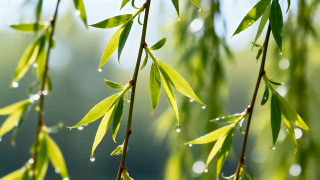  带露珠的垂柳柳叶特写1862#横屏 	 -