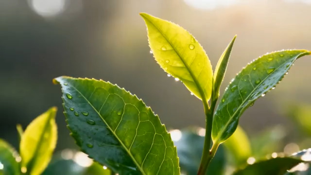  带水珠的嫩绿茶叶特写1044#横屏 	 -