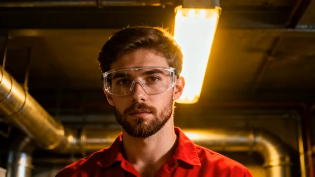  穿红衣戴护目镜男子特写910#横屏 	 