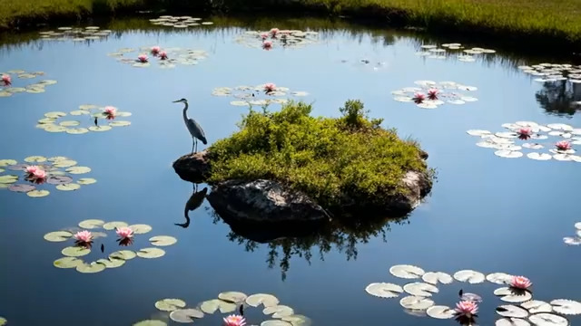 池塘中鹭鸟与荷花景观1035#横屏 	 