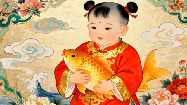  穿红衣小孩抱金鱼古风画面590#横屏 	 