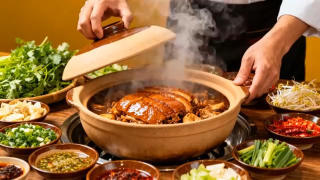  厨师揭开砂锅展示鸡肉美食2267#横屏 	 