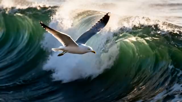 海洋中飞翔海鸥与海浪画面2525#横屏 