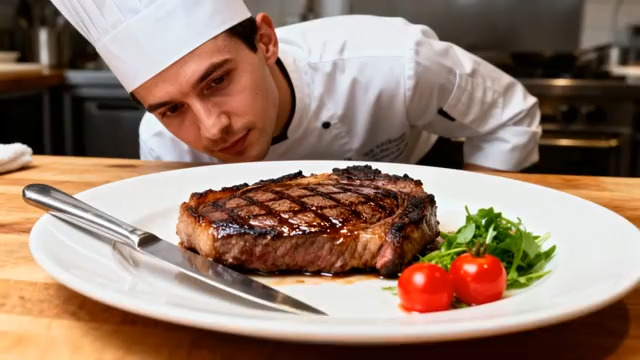  厨师俯身查看盘中牛排1176#横屏 	 