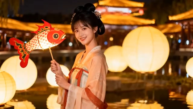  持鱼形灯笼的汉服女子夜景814#横屏 	 