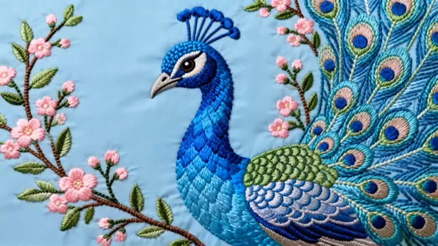  刺绣孔雀花卉图案特写1504#横屏 	 -