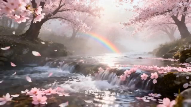  春日溪流樱花彩虹美景1259#横屏 	 