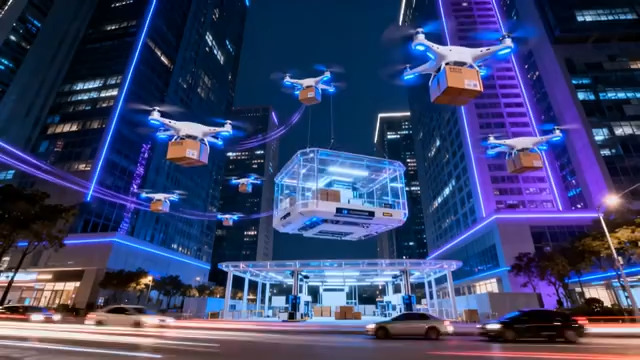  城市夜景无人机送货画面692#横屏 	 