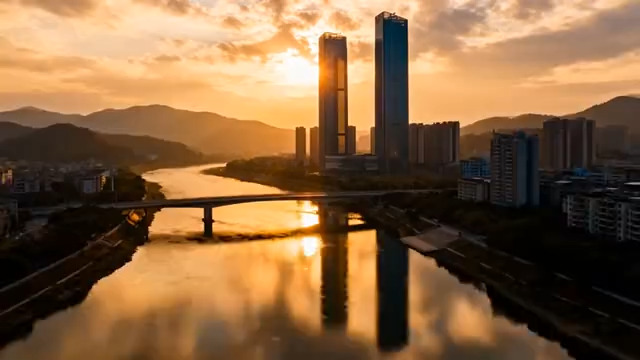  城市桥梁日落航拍全景3014#横屏 	 