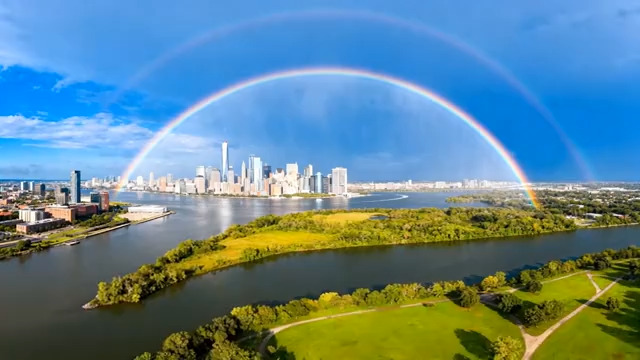  城市河畔上空双彩虹景观954#横屏 	 