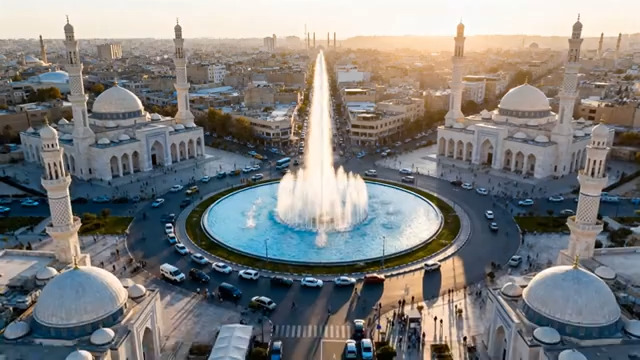  城市中清真寺与喷泉全景253#横屏 	 