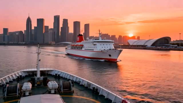  城市港口日落时的轮船景象1234#横屏 	 