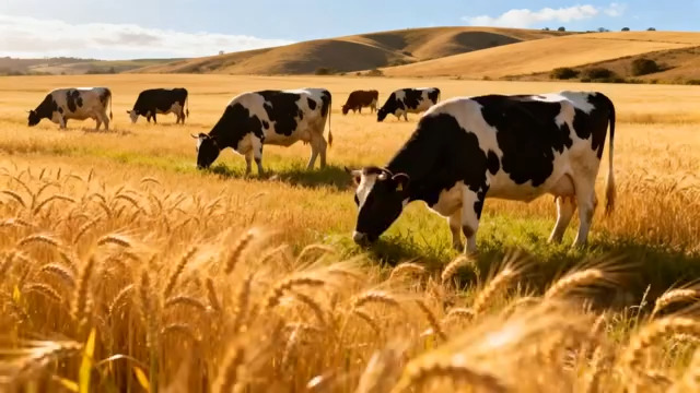  草原上奶牛悠闲吃草场景2316#横屏 	 -