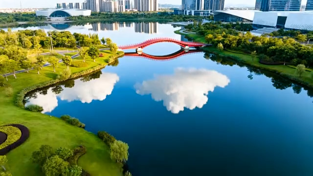  城市公园湖泊与建筑景观969#横屏 	 -