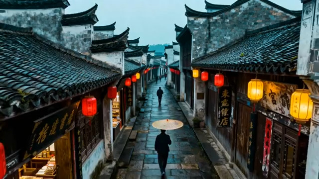  撑伞行人漫步江南古镇街道1228#横屏 	 