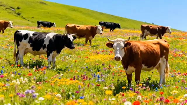  草原上的多彩花海与牛群254#横屏 	 - 