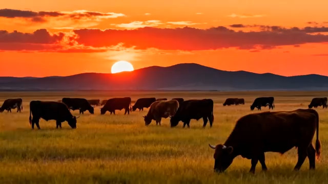  草原上夕阳下的牛群1425#横屏 	 
