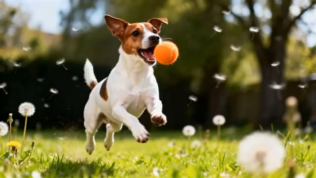  草地上小狗叼球跳跃2343#横屏 	 