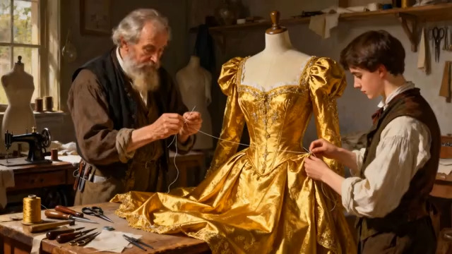  裁缝师徒制作金色礼服2088#横屏 	 