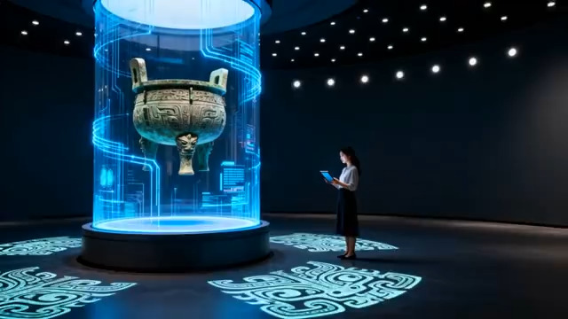  博物馆内女士观赏青铜文物875#横屏 	 