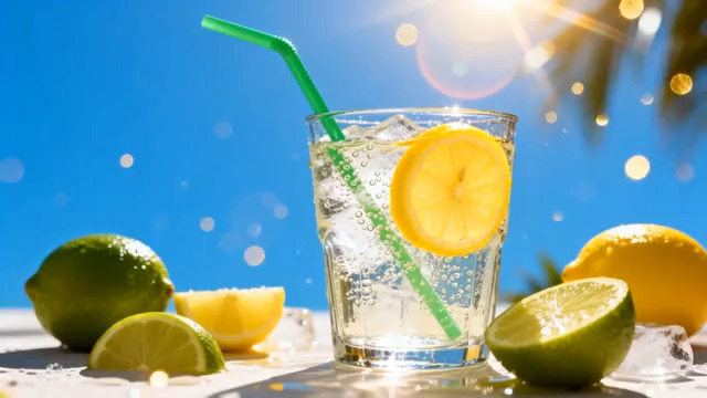  玻璃杯装柠檬气泡水特写1898#横屏 	 