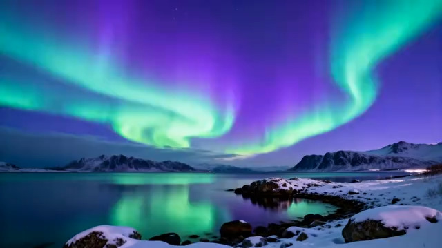  北极极光下的山水夜景596#横屏 	 