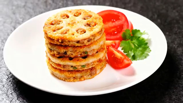  摆盘的莲藕肉饼美食素材2457#横屏 	 - 