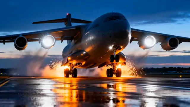  傍晚机场飞机跑道着陆画面1594#横屏 	 