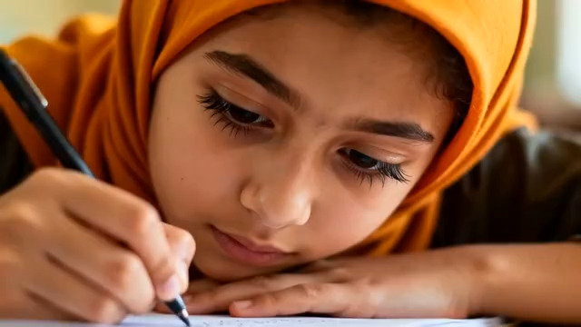  专注学习的戴头巾女孩3253#横屏 	 - 