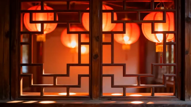  中式窗棂红灯笼夜景3207#横屏 	 