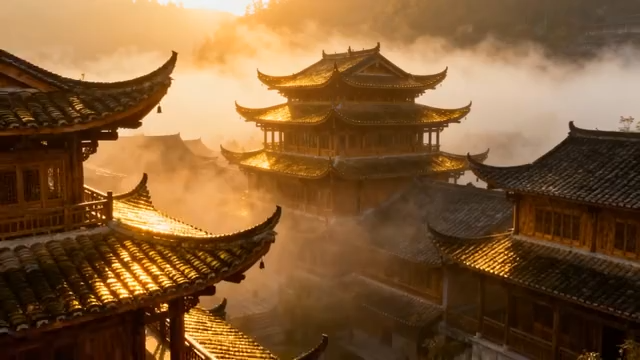 古风楼阁晨曦全景4155#横