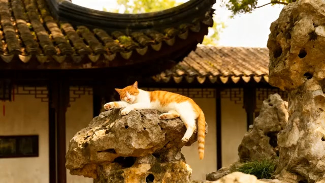  园林石上慵懒橘猫3064#横屏 	 