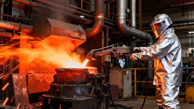 工人在工厂操作冶炼设备3117#横
